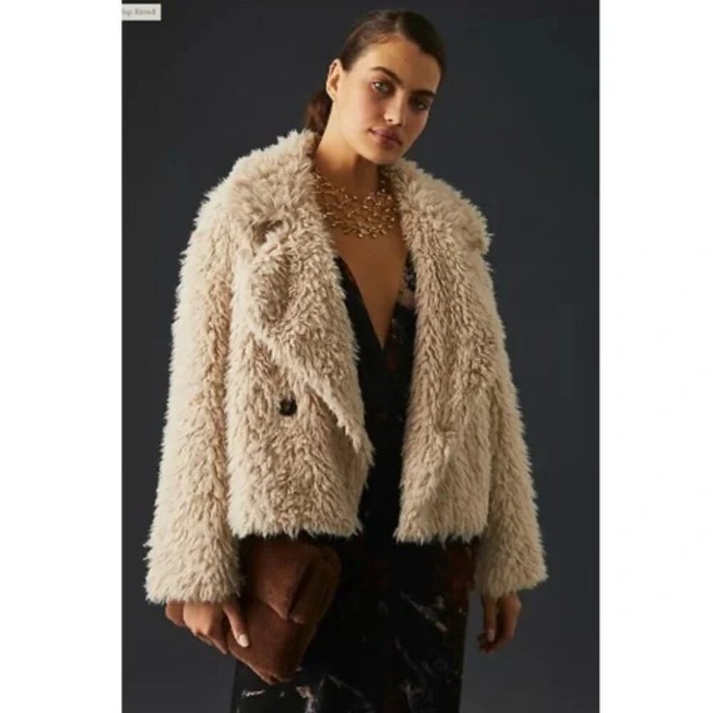 Anthropologie Faux Fur Jacket  Double Breasted Beige